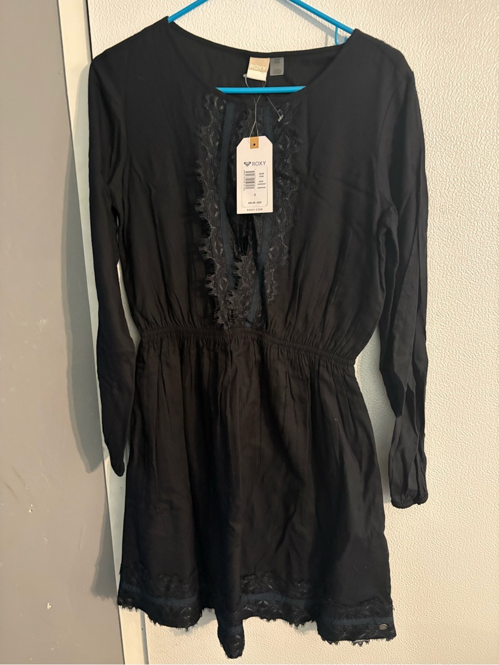Roxy Navy Long Sleeve Lace-Trim Mini Dress